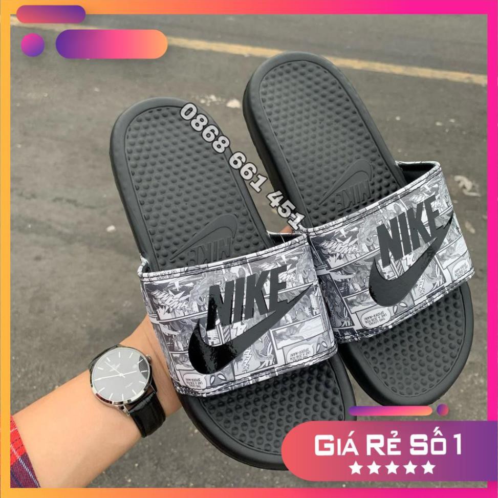 dép quai ngang nike-màu họa tiết trắng đen dành cho nam nữ tặng hộp -am1