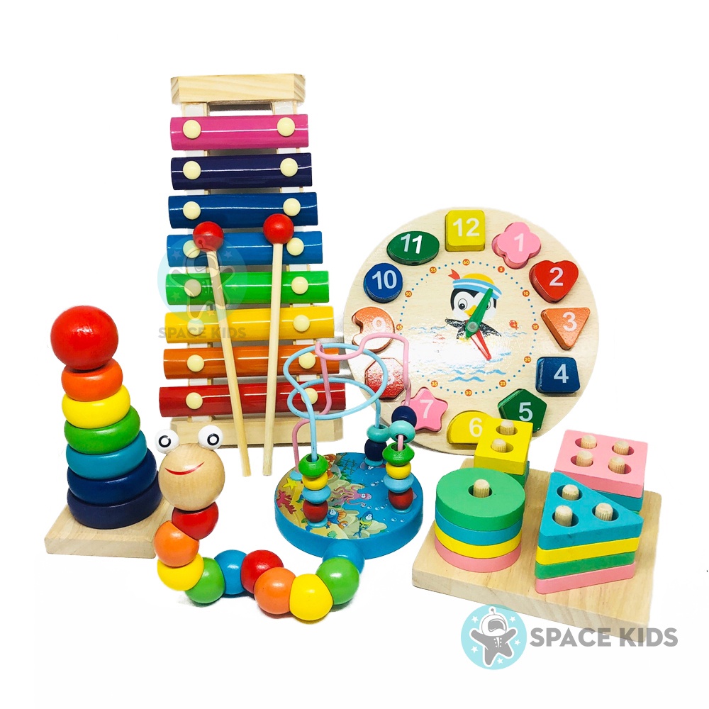 Đồ chơi gỗ giáo dục Montessori Combo 7 món đồ chơi thông minh cho bé phát triển trí tuệ Space Kids