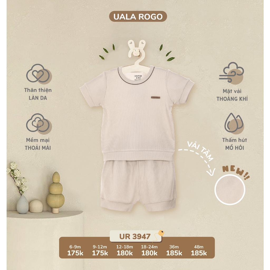 Bộ Uala Rogo cộc tay cotton Hàn Quốc cao cấp mềm mịn thoáng mát thấm hút tốt trơn cổ tròn cho bé trai bé gái 3947 3954