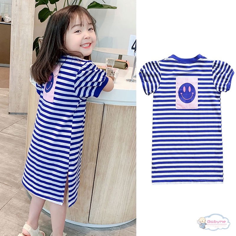Đầm Thun Tay Ngắn Họa Tiết Sọc Lưng Thời Trang Mùa Hè Cho Bé Gái