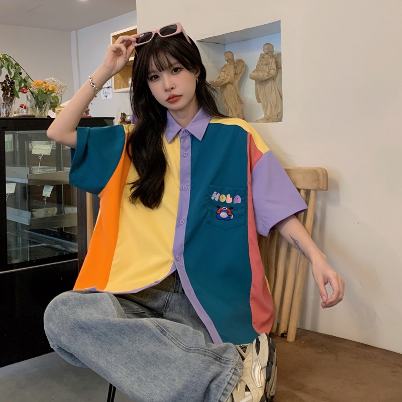 Áo Sơ Mi Tay Ngắn Màu Sắc Đối Lập Phong Cách Vintage Hàn Quốc