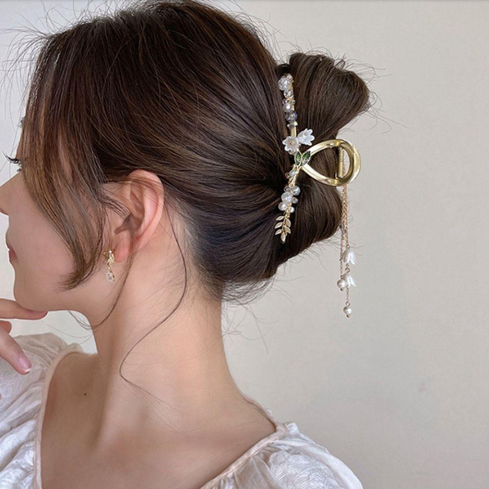 Kẹp Tóc Hình Hoa Lan / Cá Mập Đính Ngọc Trai Dễ Thương Phong Cách Cổ Điển