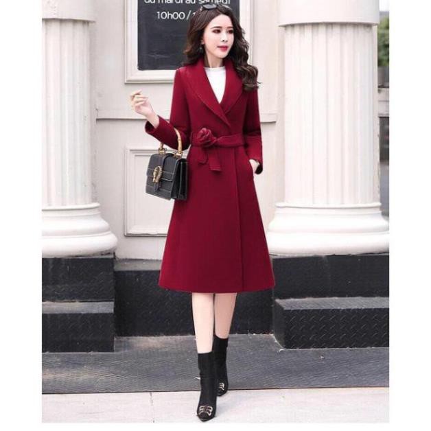 Áo Khoác Dạ Dáng Dài Có Đai Phối Hoa Cao Cấp Thanh Lịch Hàng Quảng