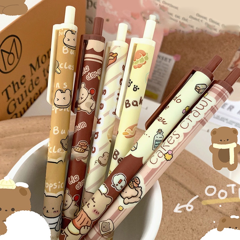 Set 6 Bút Bi Mực Đen 0.5mm Có Thể Thu Gọn Hình Gấu Hoạt Hình Đáng Yêu