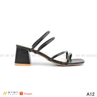 Dép my my shoes da lì dây vát chéo mũi vuông gót vuông 5p A12