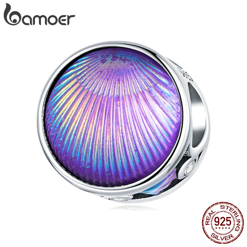 Hạt charm BAMOER hình vỏ sò màu tím bằng bạc 925 làm vòng tay và vòng cổ diy