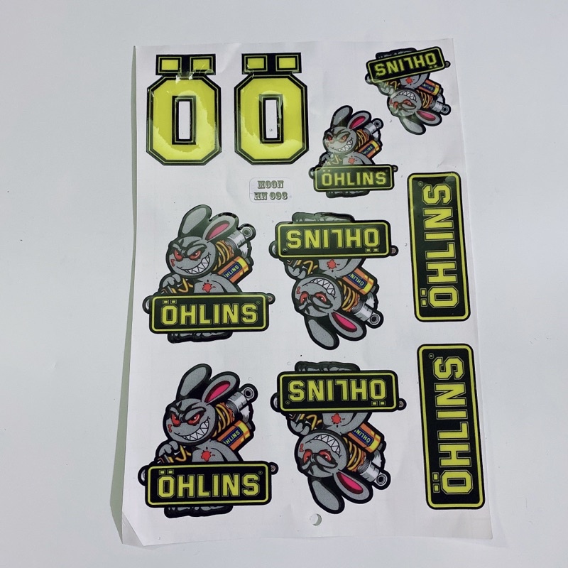 Decal tem dập nổi hình ohlins thỏ điên cầm phuộc cao cấp dán xe máy, ô tô, mũ bảo hiểm chống thấm nước, chống bay màu