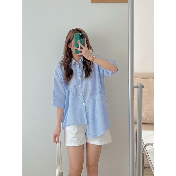 Áo sơ mi vạt lệch, Áo suông kiểu form rộng nữ tính kẻ xanh Ulzzang Hàn Quốc PHULA
