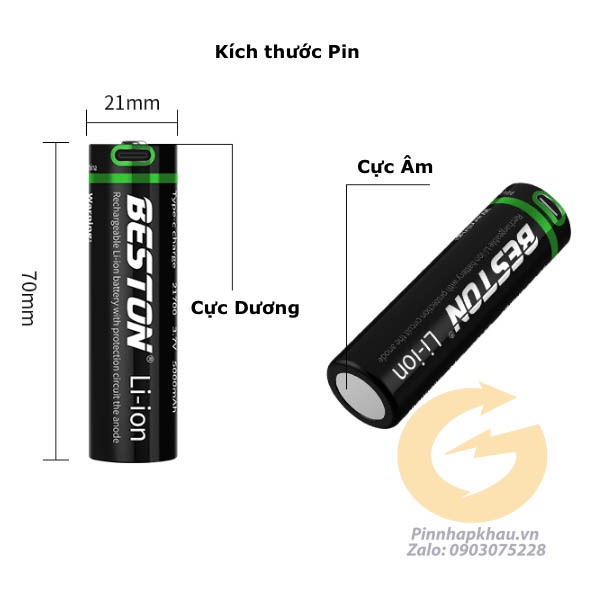 [P43] Pin sạc 21700 Beston 5000mah chính hãng có cổng sạc trực tiếp trên thân pin chuyên cho đèn pin công suất lớn