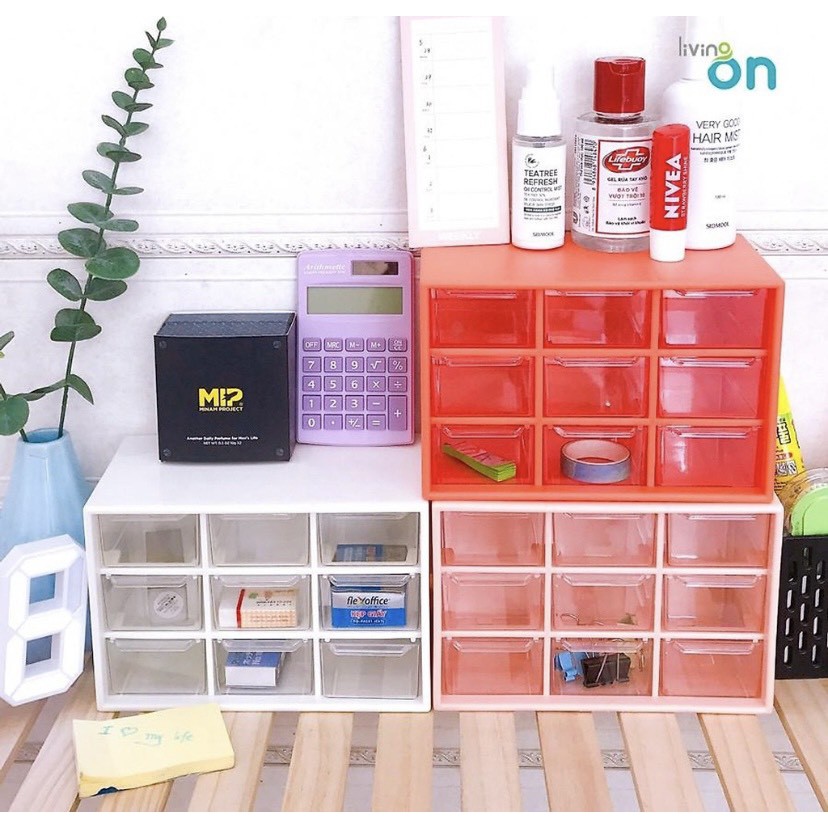 Hộp 9 ngăn kéo,kệ 9 ô mini chống bụi lưu trữ để bàn văn phòng phẩm trang sức/vòng tay/mỹ phẩm dễ thương Hàn Quốc