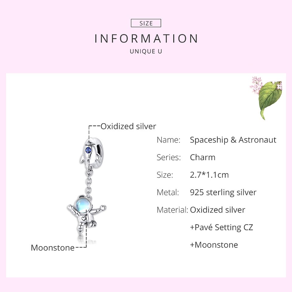 Mặt trang sức bamoer SCC1695 hình tàu vũ trụ &amp; phi hành gia bằng bạc thật 925 làm vòng tay DIY sành điệu