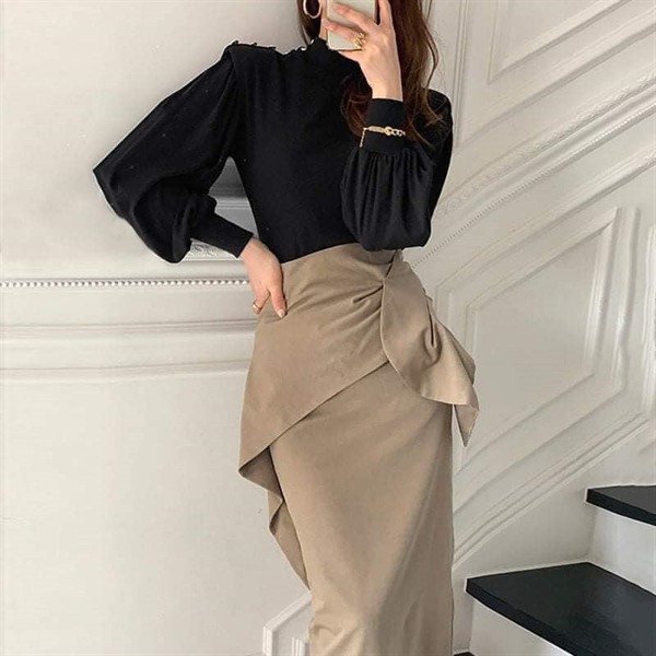 Chân váy vải kaki phong cách công sở màu be [MS106]