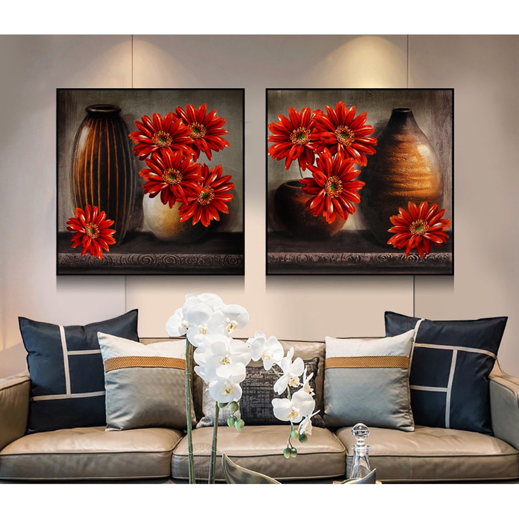 Bộ 2 tranh canvas treo tường hoa đồng tiền đỏ nghệ thuật khung bản gỗ LIN4876 - 40 x 40 cm