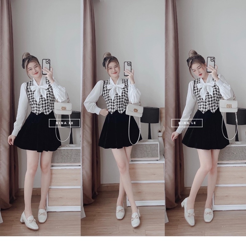 Set áo gile phối sơ mi kèm chân váy