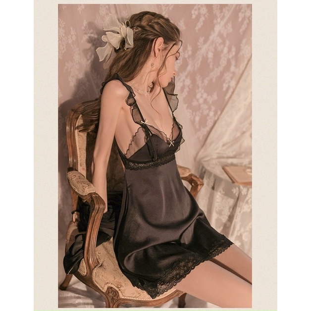 váy ngủ sexy cao cấp lụa Quảng Châu đen hở lưng 002