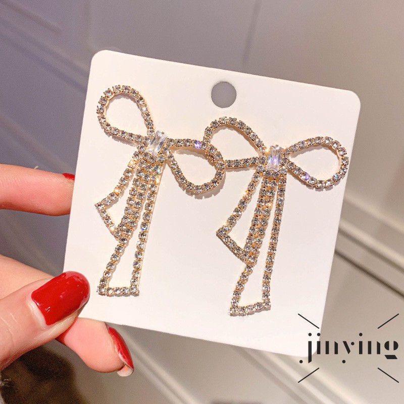 GETNOIVAS ❤S Wind 925 Silver Needle Zircon Bowknot Tassel Commuter Earrings European and American Exaggerated