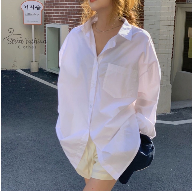 Áo sơmi basic dáng oversize phong cách Hàn Quốc