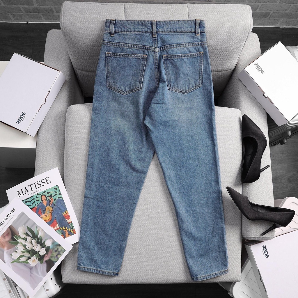 Quần Mom Jeans Nữ Form Dáng Baggy Ôm Vừa Ống Đứng Màu Xanh Có Wash Hông - Đùi  (M-02B)