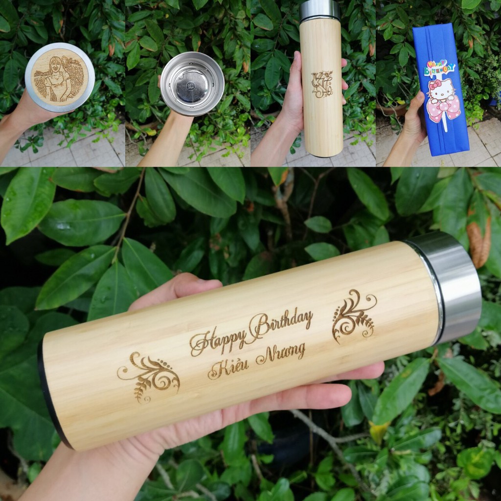 Bình giữ nhiệt vỏ gỗ 450ml khắc hình – khắc tên – khắc logo theo yêu cầu