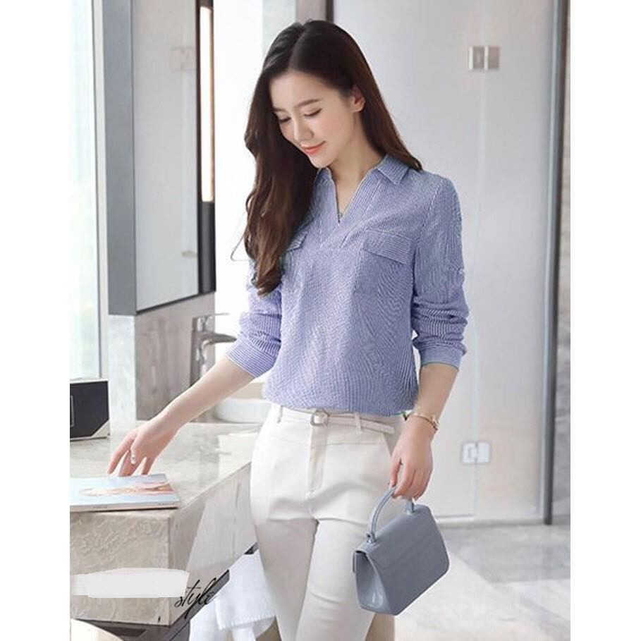 Áo Kiểu Sọc Janet Cổ V