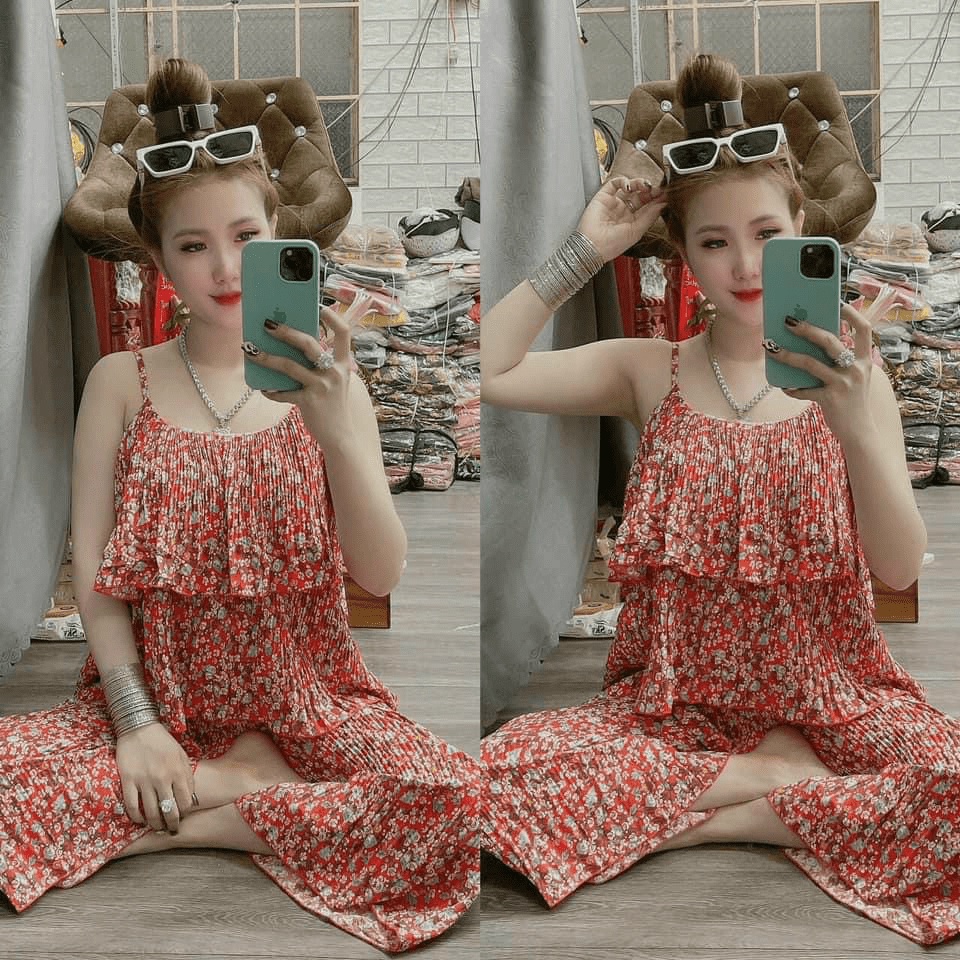 Sét Bộ Đi Chơi, Mặc Nhà Áo Hai Dây Kết Hợp Quần Dài Ống Rộng Vải Hoa Chất Lụa Dập Ly Mặc Mát Đẹp Dáng Xinh [NEW UNISEX]