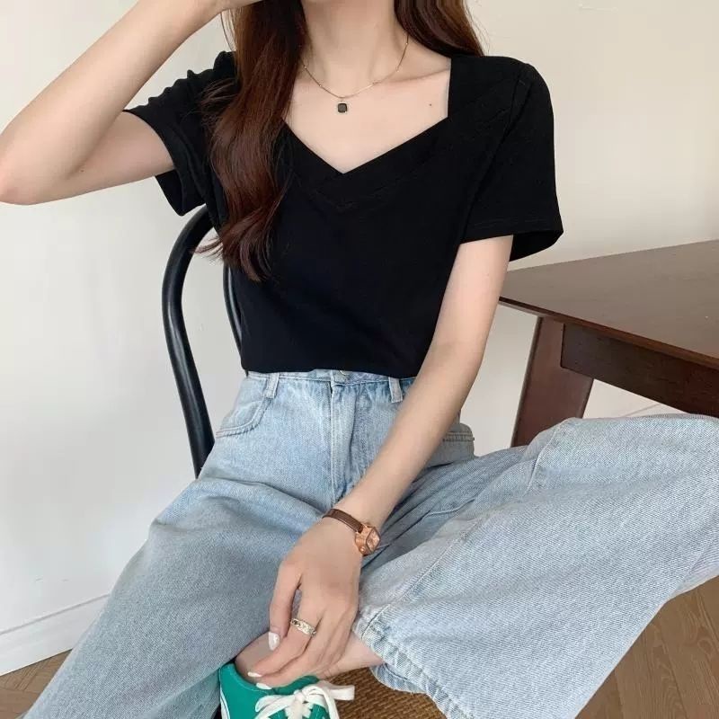 Áo Thun Tay Ngắn Cổ Chữ v Màu Đen Thời Trang Mùa Hè Cho Nữ