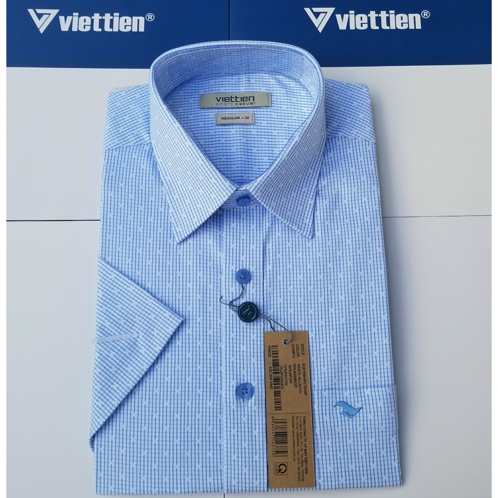 Aó sơ mi Việt Tiến smart casual ngắn tay ,tà ngang mã 6Q0188NRY chính hãng ,cao cấp - form suông REGULAR -TÀ NGANG