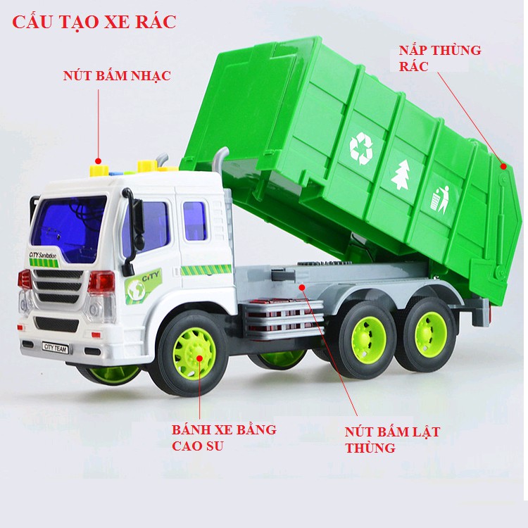 Mô hình xe ô tô chở rác đồ chơi trẻ em tỉ lệ 1:16 có âm thanh và đèn
