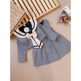 Set váy dạ kẻ nơ trắng bé gái