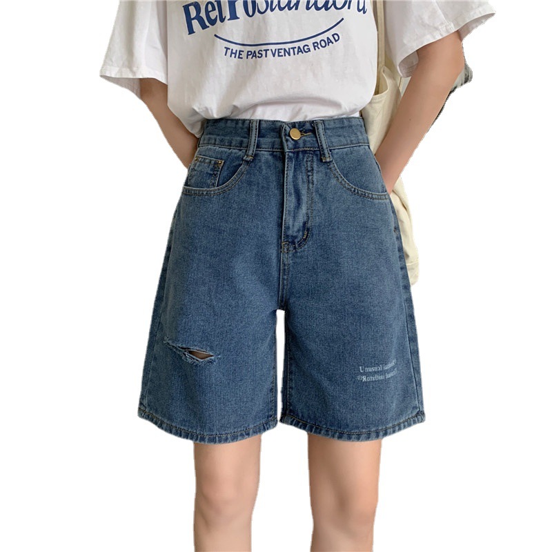 Điểm mùa hè phong cách mới quần jean rách cotton thời trang của phụ nữ thời trang cạp cao giảm béo quần đùi quần dài nửa ống quần phong cách Hàn Quốc mỏng phần ống rộng quần ống rộng phong cách đại học tất cả các kết hợp