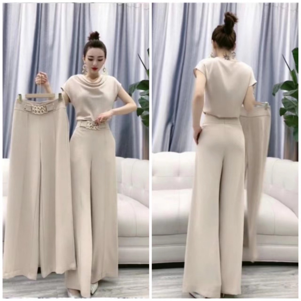 Set quần áo 2 mảnh gồm áo kiểu + quần dài ống rộng mặc thường ngày thời trang trẻ trung cho nữ