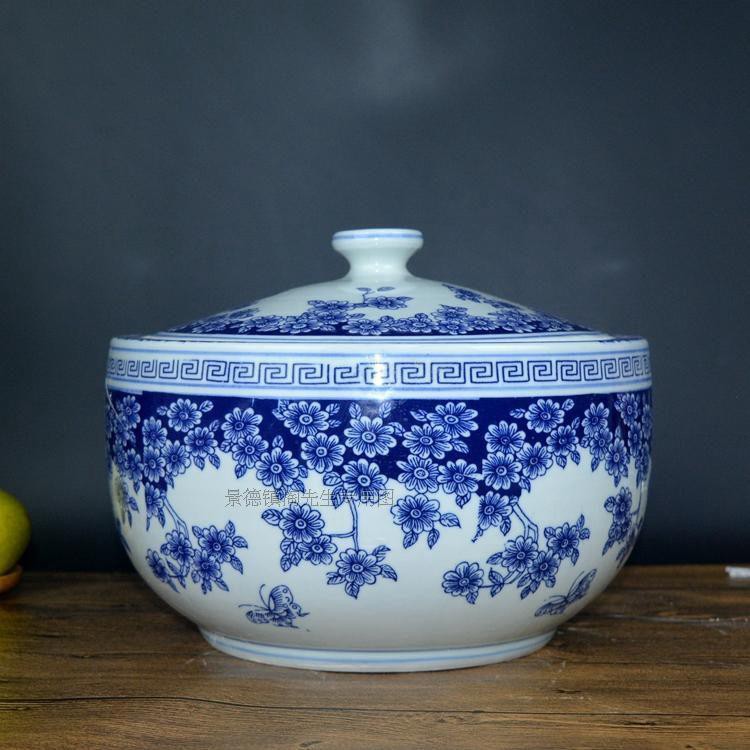 Màu xanh lam chính hãng Jingdezhen và Thùng chứa bằng gốm sứ trắng đựng rượu gạo kín hũ mỡ gia đình trà Caddy