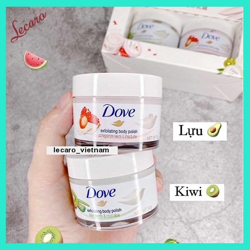 Tẩy tế bào chết DOVE 50G, hương kiwi, lựu đỏ giúp da mềm mại; trắng sáng, hấp thụ sữa dưỡng thể tốt hơn LECARO