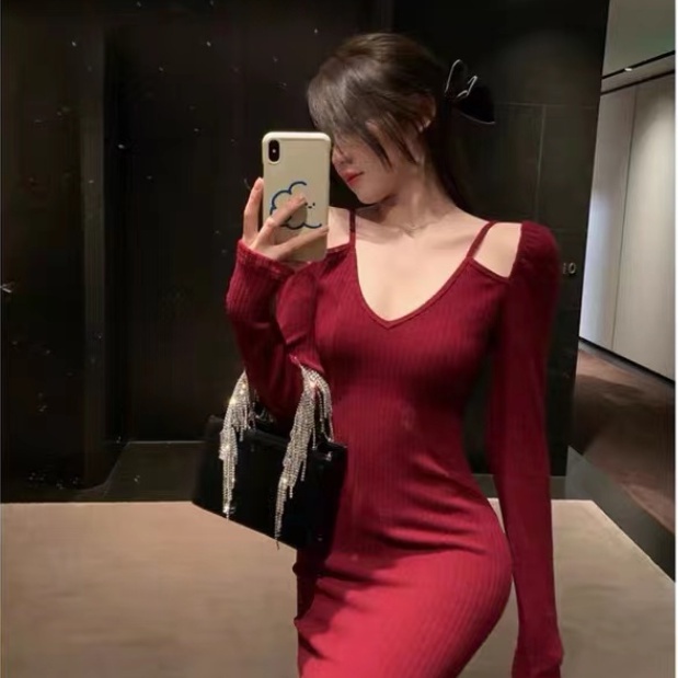 Đầm dự tiệc SUXI dài tay cổ chữ V dáng ôm phong cách Hàn Quốc thời trang mùa thu mới gợi cảm cho nữ