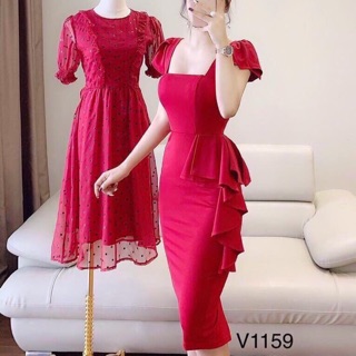 H28 Đầm dự tiệc đuôi cá cổ vuông màu đỏ