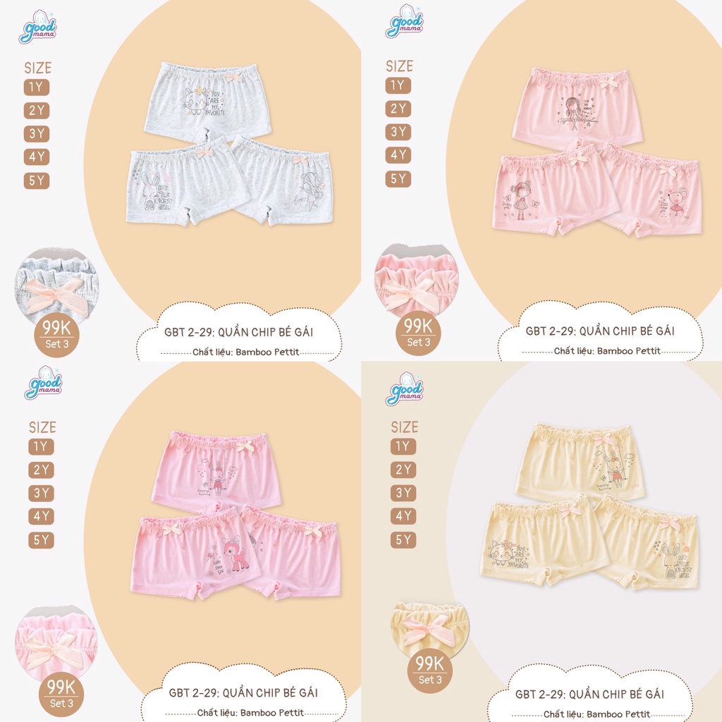 [CHÍNH HÃNG] Set 3 quần chip đùi bé gái in hình họa tiết đáng yêu Good Mama