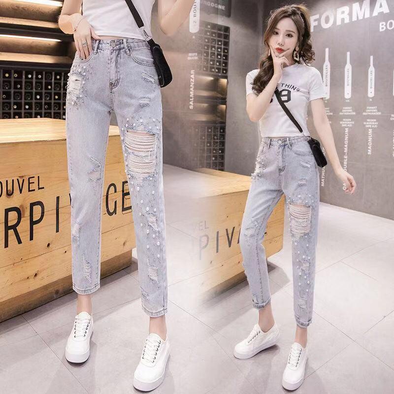 Quần Jeans Rách Đính Ngọc Trai Phong Cách Mới 2022 Thời Trang Cho Nữ