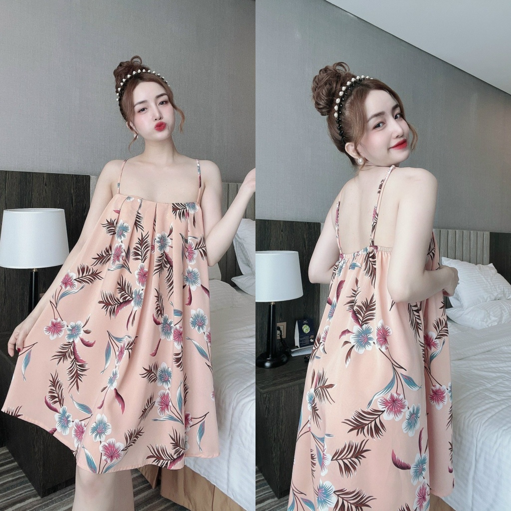 Váy Ngủ Sexy, Váy Ngủ 2 Dây, Đầm Ngủ Sexy Chất Lụa Mango Mềm Mại Kèm Quần Mặc Thoải Mái Freesize &lt;60kg