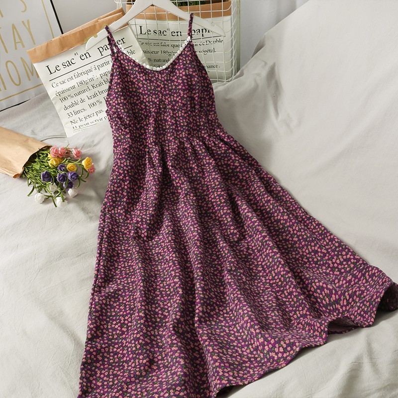 [Sẵn Đỏ] Váy Hai Dây Hoa Nhí Nhung Tăm Eo Cao Hàng Quảng Châu Loại 1 V03 | BigBuy360 - bigbuy360.vn