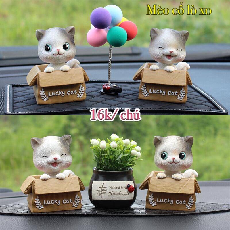 Mô hình mèo con lò xo ngồi giỏ - phụ kiện trang trí bánh sinh nhật