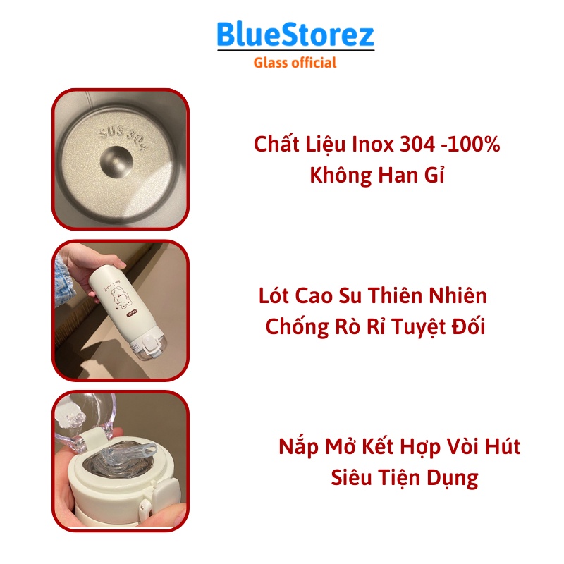 Bình giữ nhiệt 500ml, Bình nước mini inox có ống hút tiện dụng cho bé đi học kèm Dây +Sticker -BlueStore