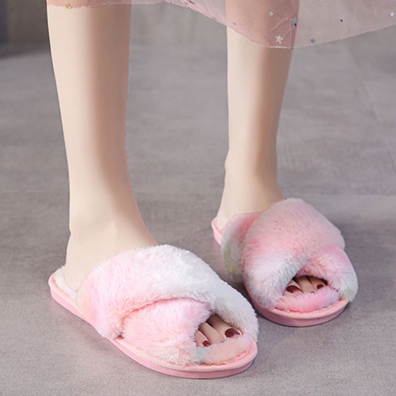 Dép Bông Quai Chéo Xuyên Thấu Màu Cầu Vồng Phong Cách Hàn Quốc Mới Cho Nữ