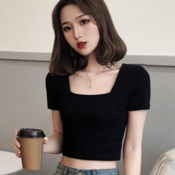 Áo Croptop Cổ Vuông Ngắn Tay Nữ Madela Vải Thun Bozzip Dày Dặn ,Croptop Nữ Cổ Vuông Dáng Ôm Tay Ngắn - At01