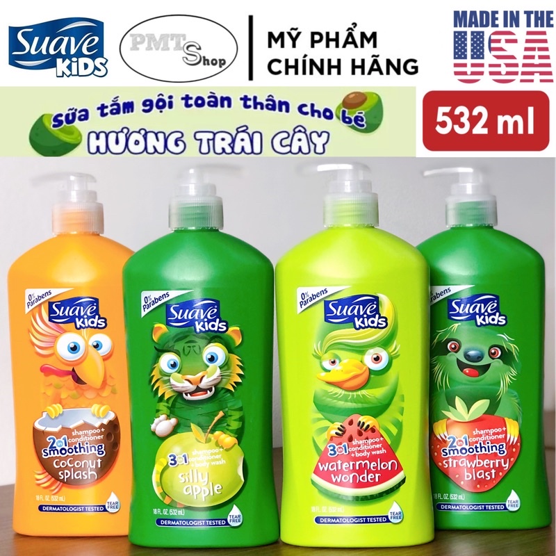 Sữa tắm gội toàn thân 3in1 cho Bé Suave Kids chai vòi 532ml Táo, Dưa hấu, Dâu, Dừa không cay mắt