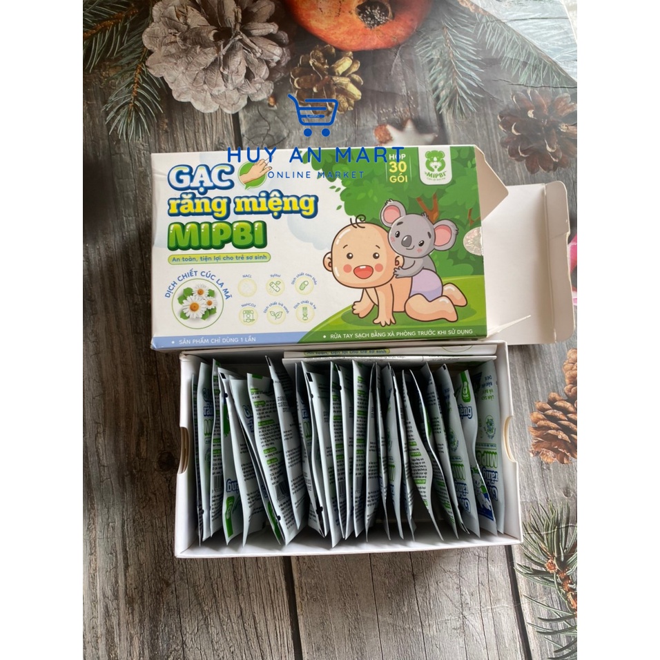 Gạc răng miệng Mipbi hộp 30 gói ⚡FREESHIP⚡ Rơ lưỡi Mipbi làm sạch và bảo vệ răng miệng cho bé