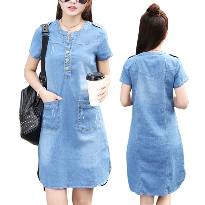 Đầm jean tay ngắn dáng suông màu trơn xinh xắn cho nữ | BigBuy360 - bigbuy360.vn