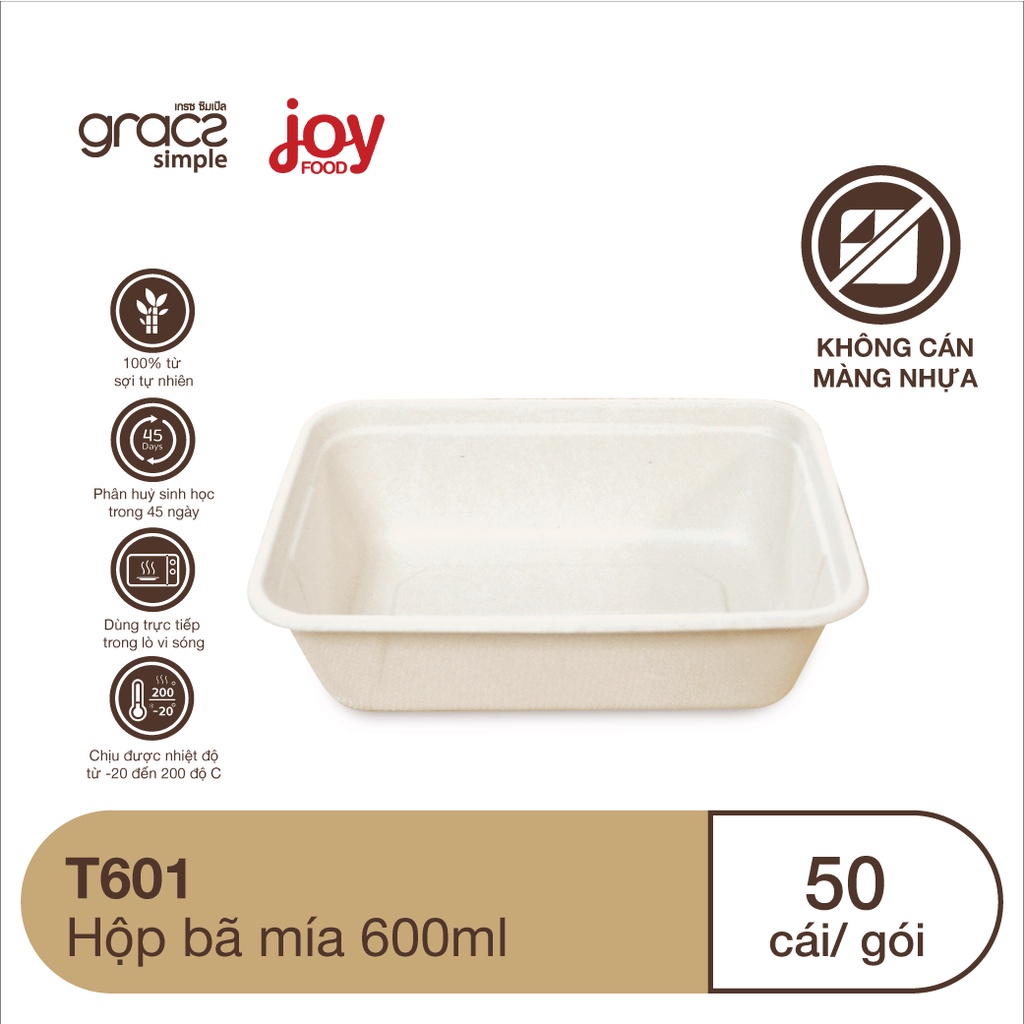 50 hộp bã mía chữ nhật 600ml, hộp dùng 1 lần đựng cơm phần, bún xào, mì trộn/ Kèm Nắp Nhựa