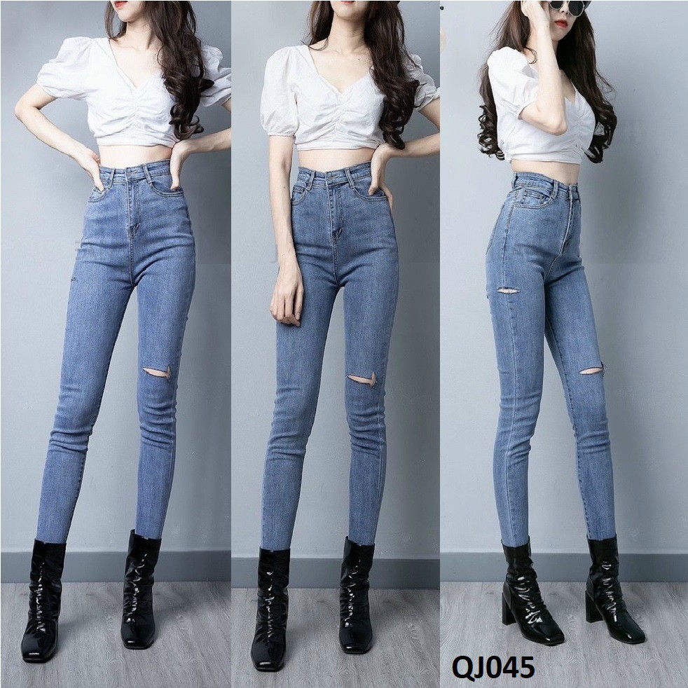 Quần jeans skinny rách gối lưng cao QJ045