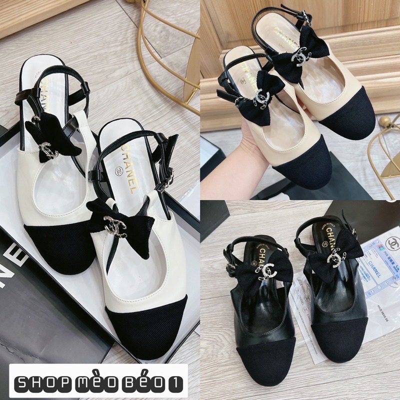 Sandal cn mũi đen quai nơ ngang đế bằng fullbox