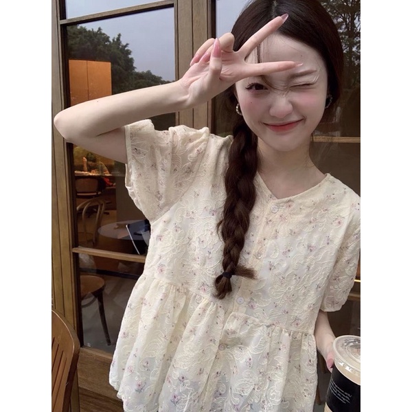 Áo hoa nhí tím vintage Quảng Châu cực xinhZb